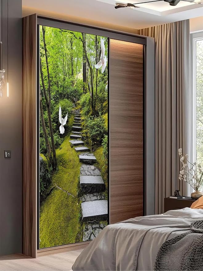 artfanke 3D Peel and Stick Door Sticker 33.5"x84.6"- Self-Adhesive Door Wallpaper Murals Decal Wall Poster-Pigeon Green Forest Landscape for Home Decor (2 Sheets/Set) - Image 6