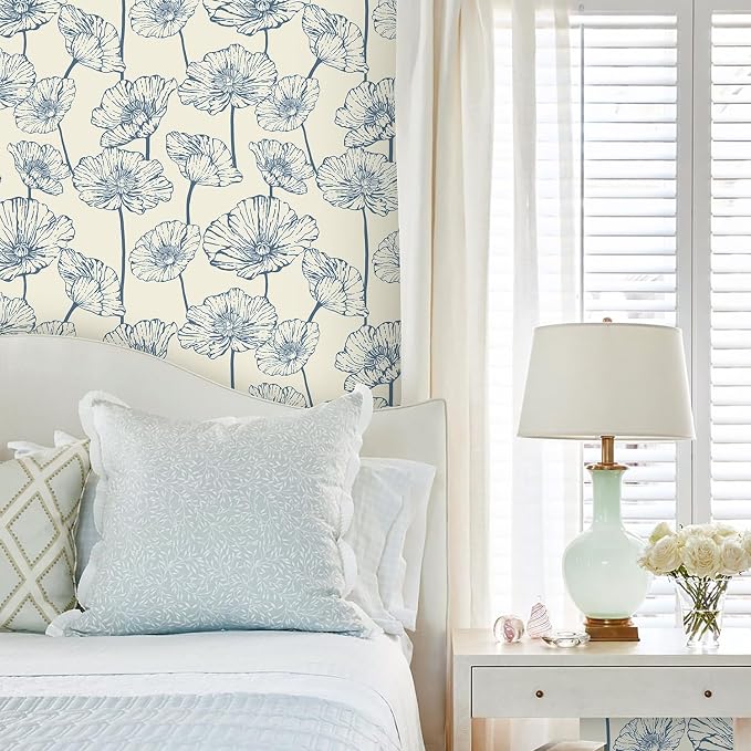 Orainege Peel and Stick Wallpaper Blue and Beige Wallpaper | 17.3inx196.8in Floral Contact Paper Self Adhesive Wall Paper Boho Removable for Bedroom Living Room Decor - Image 2