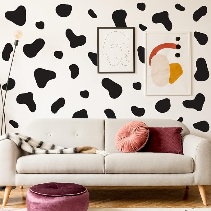 Large Black Vinyl Cow Print Wall Decals, Cow Spot Wall Décor | Stunning painted look accent wall in minutes. Peel and stick matte removable stickers for Bathroom Bedroom Living Room Home. by SHYJSHYJINSPIRED-PEELSTICK