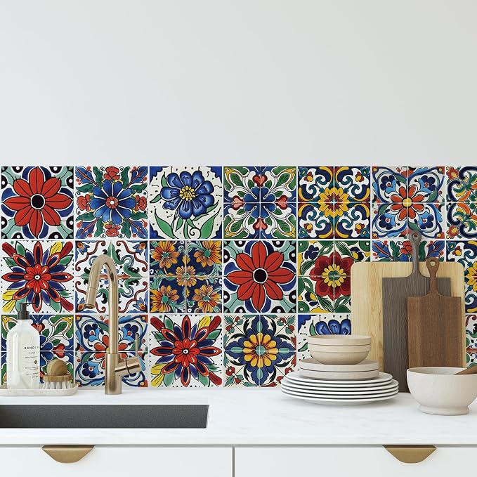 30 Pcs Mediterranean Style Peel and Stick Wall Tile Decals - Waterproof Vinyl Stickers for Kitchen Backsplash, Bathroom, Stair Riser Decor - Spanish Floral Pattern - 4x4 Inch - Image 6