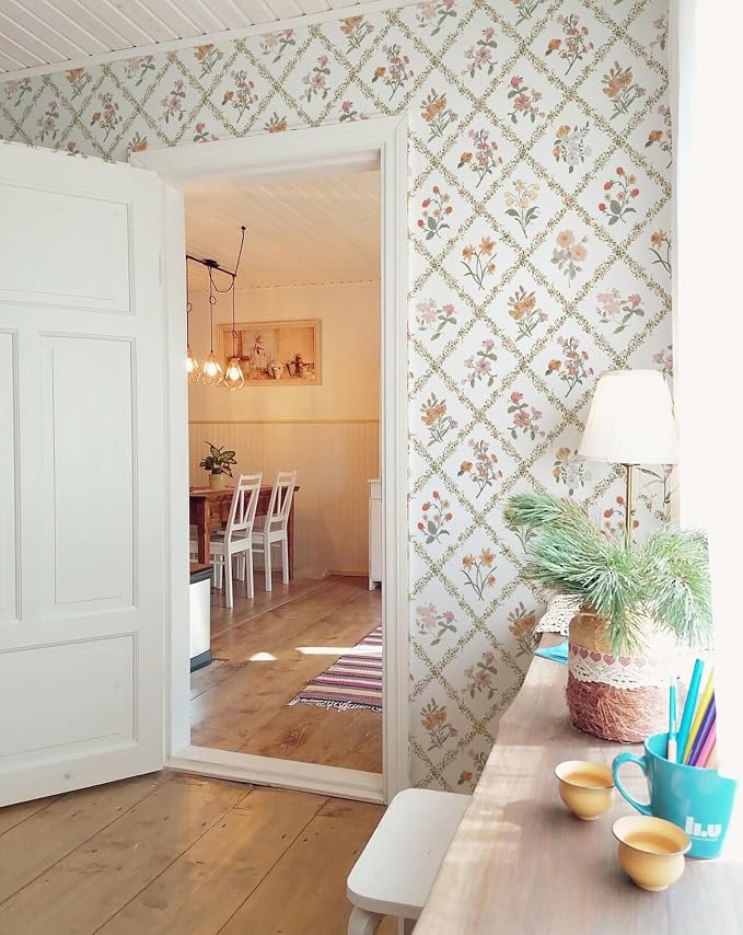 16.9 in x118 in Yellow Floral Peel and Stick Wallpaper Watercolor Flower | Boho Self Adhesive Wallpaper Modern Trellis Contact Paper DIY Removable Wallpaper for Livingroom Accent Wall Decor Vinyl Roll - Image 3