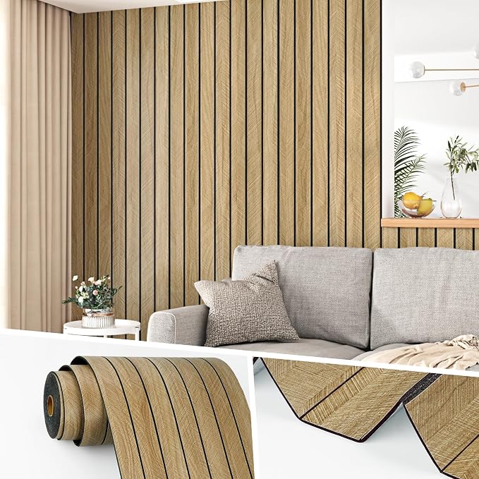 Wallercity Brown Peel & Stick Soundproof 3D Wood Slat Wall Panels for Walls | Wooden Acoustic Wall Panels for Accent Walls Self Adhesive Waterproof Faux Oak Wood Planks for Walls & Ceilings 23.6x197 IN by Wallercity