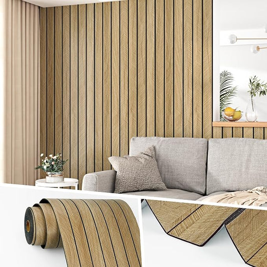 Wallercity Brown Peel & Stick Soundproof 3D Wood Slat Wall Panels for Walls | Wooden Acoustic Wall Panels for Accent Walls Self Adhesive Waterproof Faux Oak Wood Planks for Walls & Ceilings 23.6x197 IN by Wallercity