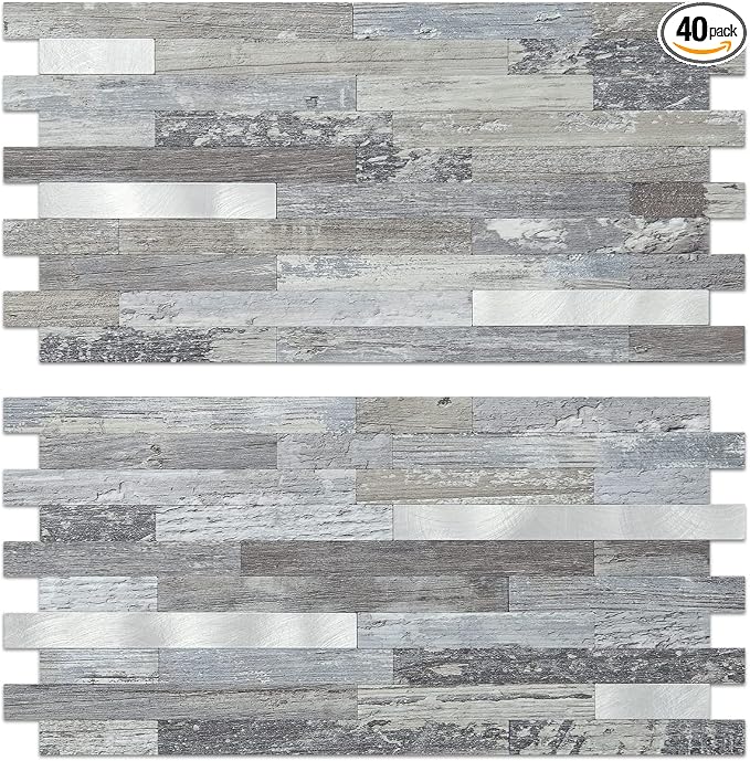 AULIGET 40 Sheets Peel and Stick Backsplash, Distressed Wood Look PVC Wall Tiles Stick on Backsplash for Kitchen by AULIGET