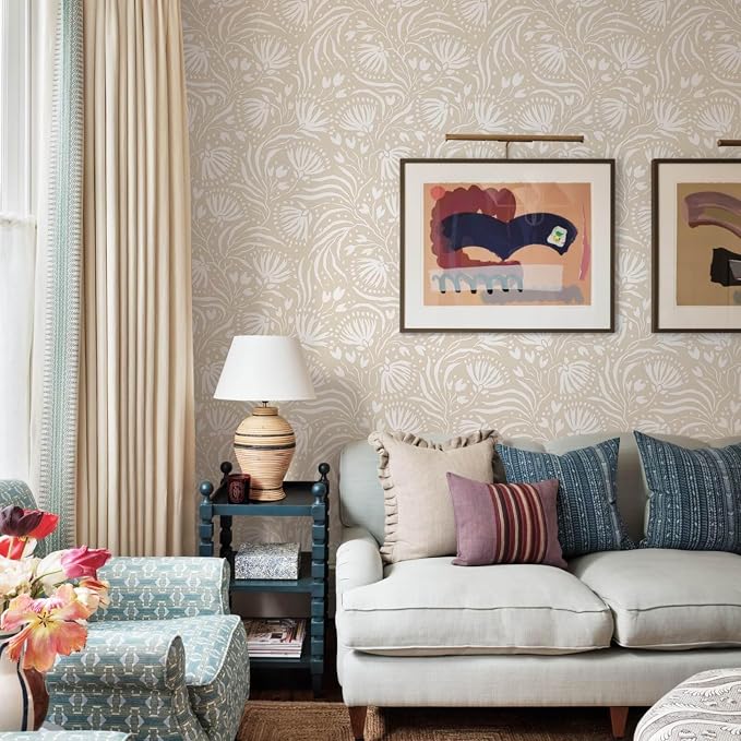Ismoon Boho Peel and Stick Wallpaper Beige Floral Contact Paper Boho Stick on Wall Paper Textured Removable Self Adhesive Vinyl Wallpaper for Bedroom Bahtroom Wall Decor 17.3x385in - Image 7
