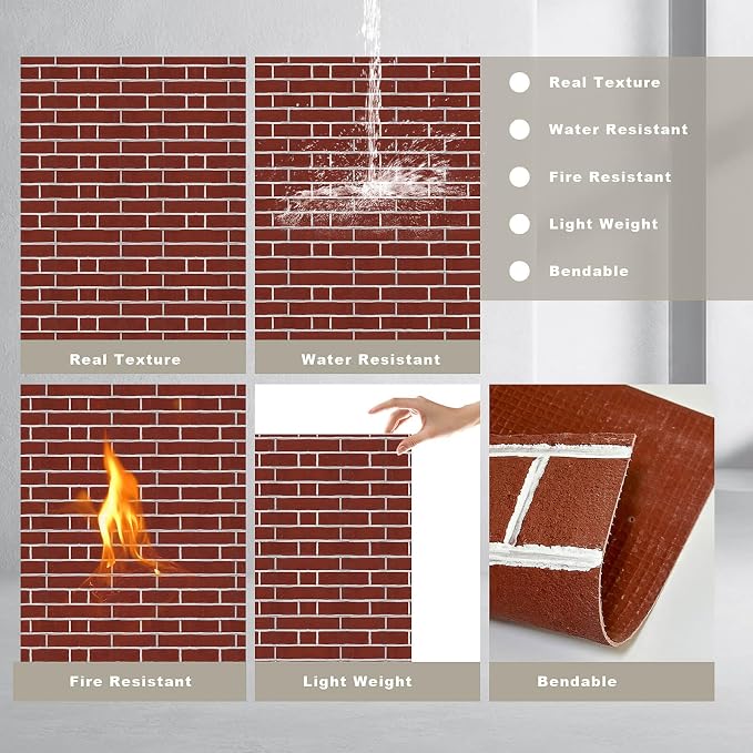 3D Wall Panels - 4PCS 47.2"x26" Faux Stone Wall Covering - MCM Modified Clay Material for Home Art, Accent Brick, Modern Exterior/Interior Decoration, Covering 34 sq.ft Slate Red Brick - Image 7