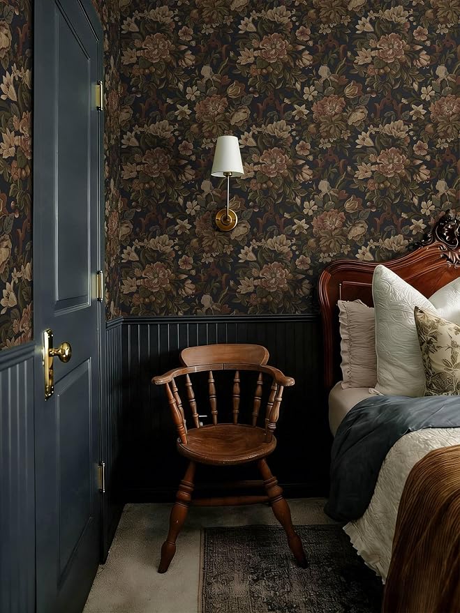 Dimoon Vintage Peel and Stick Wallpaper Dark Blue Floral Contact Paper 16.1"x393" Retro Victorian Dark Academia Wallpaper for Bedroom Moody Cottage Core Wall Paper Removable Waterproof Vinyl Roll - Image 3