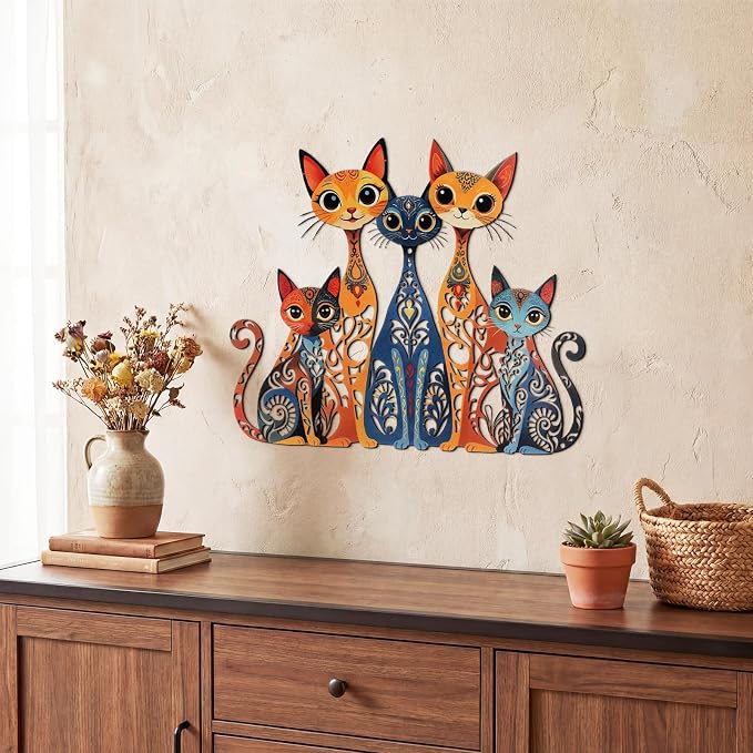 Wesiti Metal Cat Wall Decor Art Sculpture, 10.6 X 13.15 Inches Colorful | Retro Mid Century Design for Cat Lovers, Iron Wall Art for Living Room Bedroom Kitchen Office, Stylish Home Decor - Image 3