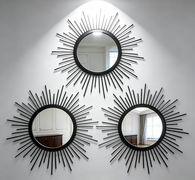 Black Sunburst Mirror Set of 3, 3PCS Metal Round Decorative Wall Mirrors, Starburst Accent Mirror Wall Decor for Living Room, Entryway, Bedroom & Hallway by HMANGE