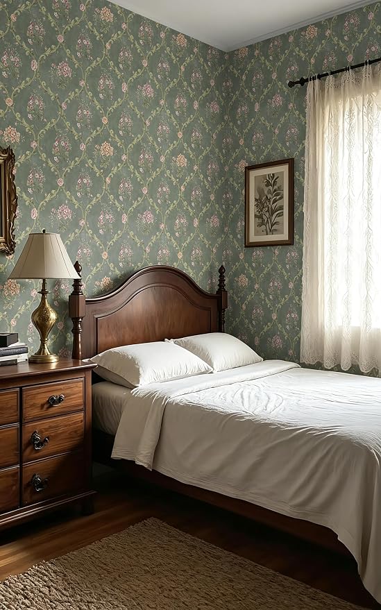 Dark Green Peel and Stick Wallpaper Floral Wallpaper 16.9in×118in | Self Adhesive Vintage Floral Wallpaper Removable Boho Contact Paper Green Wallpaper Waterproof for Bedroom Nursery Cabinets - Image 3