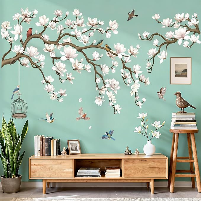 wondever Magnolia Tree Branch Wall Decals White Flowers Wall Stickers | Peel and Stick, Removable, Wall Art Decals, Wall Decoration, Living Room Bedroom, Office Sofa TV Home Wall Decor - Image 2