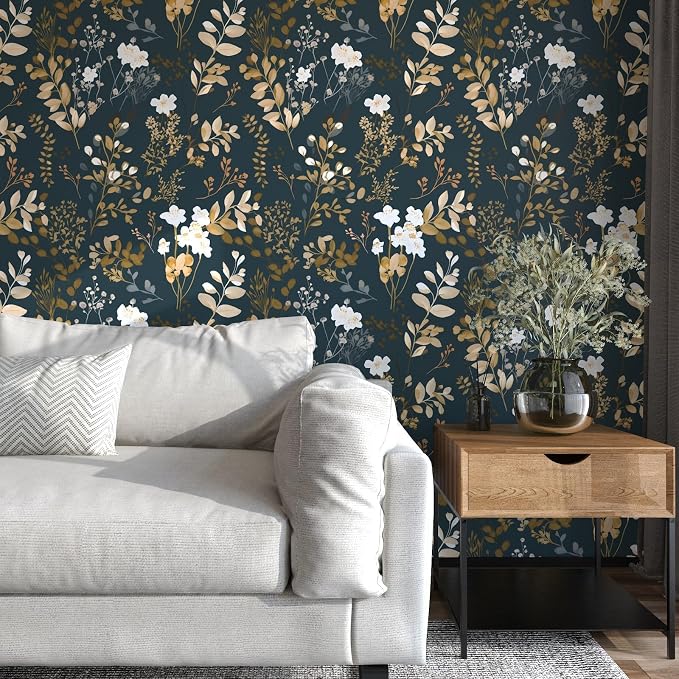 Laatse Vintage Dark Navy Gold Floral Peel and Stick Wallpaper 17.5"x393" | Self Adhesive/Removable/Waterproof/Thick Vinyl Contact Paper for Bathroom Bedroom Shelf Cabinet Drawer,Prepasted,Easy Peel - Image 5