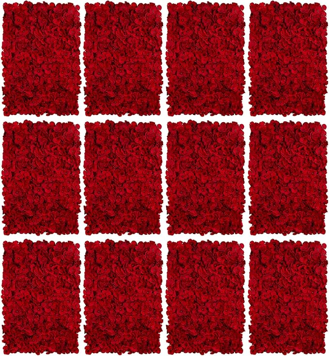 BLOSMON Red Flower Wall Backdrop for Wedding Decor, 12 Pcs, 24 x 16 Inches | Easy to Use, Hydrangea Artificial Flower Panels for Wedding, Bridal Shower, Hanging Fake Silk Floral Backdrop Decor by Blosmon
