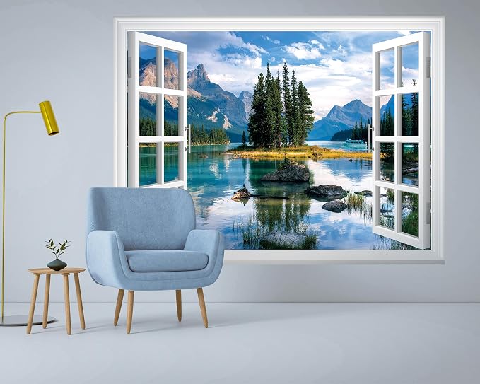 FLFK Fake Window Wall Mural - Trees in The Lake Faux Window Wall Decal for Wall Decor, Peel and Stick Wall Sticker,80"x60",Set of 5 Sheets - Image 4