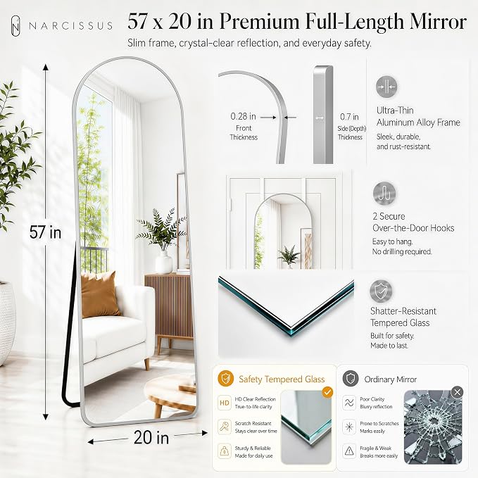 NARCISSUS Full Length Mirror 57x20 Inch, Over The Door Mirror with Stand, Wall Mounted or Freestanding/Door Hanging Full Body, Aluminum Alloy Frame, Silver - Image 2