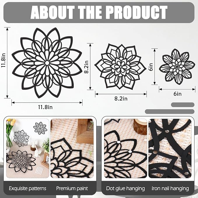 Zzbakress 3 Pcs Metal Flowers Wall Art Bathroom Wall Decor, Black Elegant | Farmhouse Flower Bathroom Decor Wall Decorations For Bathroom, Living Room, Office, Kitchen, Hallway And Outdoor - Image 3