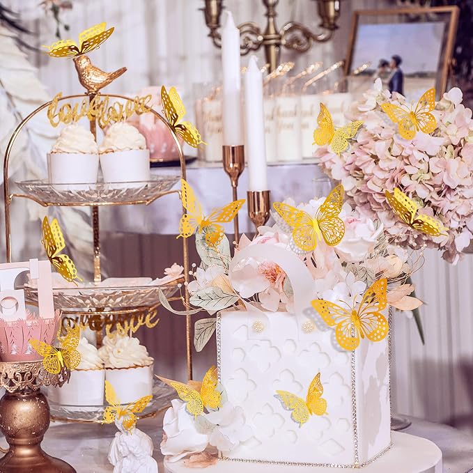 SAOROPEB 3D Butterfly Wall Decor 48 Pcs Gold Butterfly Birthday Decorations | 4 Styles 3 Sizes, for Butterfly Birthday Decorations Butterfly Party Decorations Cake Decorations, Removable Stickers - Image 2