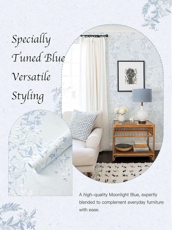 Dimoon Blue Peel and Stick Wallpaper Floral Vintage Wallpaper French Country Renter Friendly Contact Paper Bathroom Kitchen Removable Boho Stick on Wall Paper Vinyl Roll 17.3''x197 - Image 4