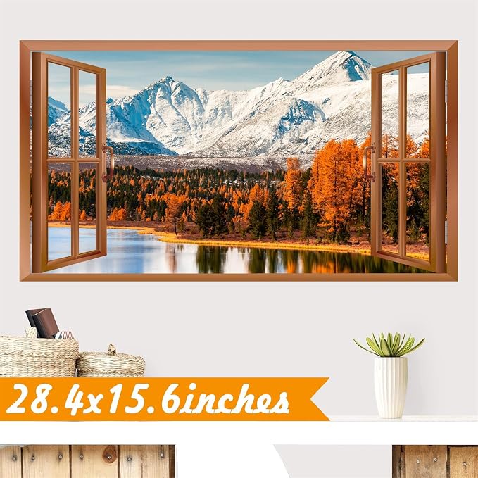 3D Fake Windows Wall Stickers Winter Mountain Lake Wall Stickers Removable Nature Landscape Faux Windows Wall Decals Peel and Stick Forest Wall Art Mural Stickers for Living Room Bedroom Kitchen Decor - Image 6
