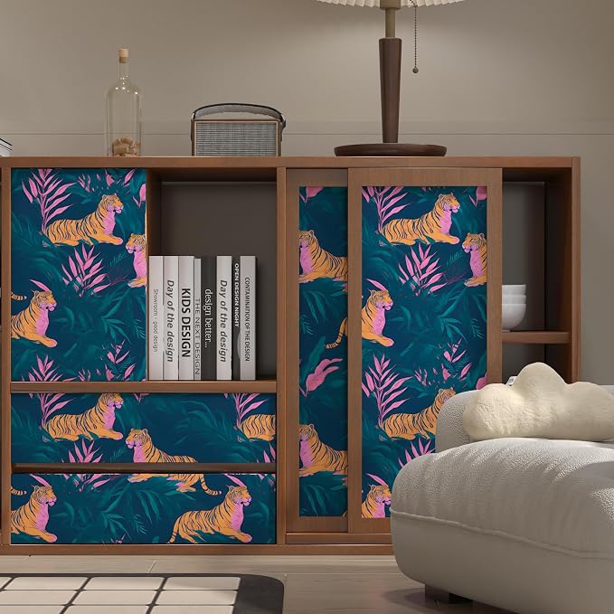BOKEBEVE Tropical Tiger Wallpaper Peel and Stick Green Pink 17.5 x 78.5In | Removable Self Adhesive Renter Friendly Jungle Tiger Wall Paper for Bedroom Bathroom Living Room Feature Accent Wall - Image 3