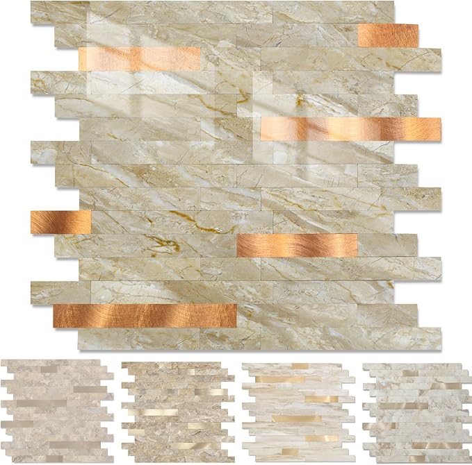 Yipscazo 1 Sheet Peel and Stick Stone Metal Tile Backsplash, Stick on Tiles for Backsplash Kitchen, Bathroom, Laundry Room, Camper, Fireplace (12'' X 12'', Polished Beige) by Yipscazo