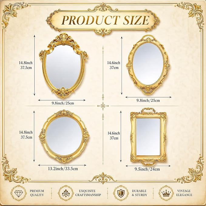 Beeveer 4 Pcs Vintage Gold Wall Mirror Set Luxury Gallery Wall Mirror Decorative Hanging Antique Decor for Living Room Entryway Wedding Bedroom Bathroom Victorian Decor (Classic,Gold) - Image 2