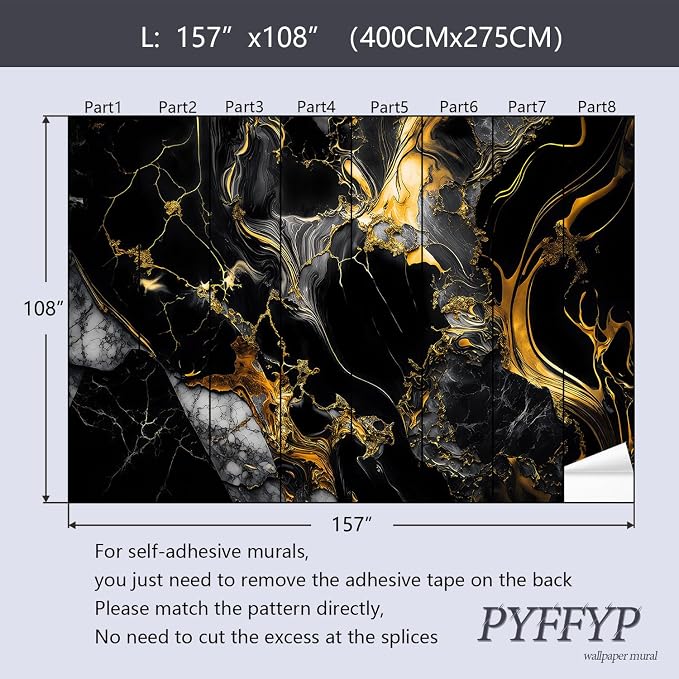 PYFFYP-Abstract Black and Gold Marble Peel and Stick Wallpaper murals - Image 5