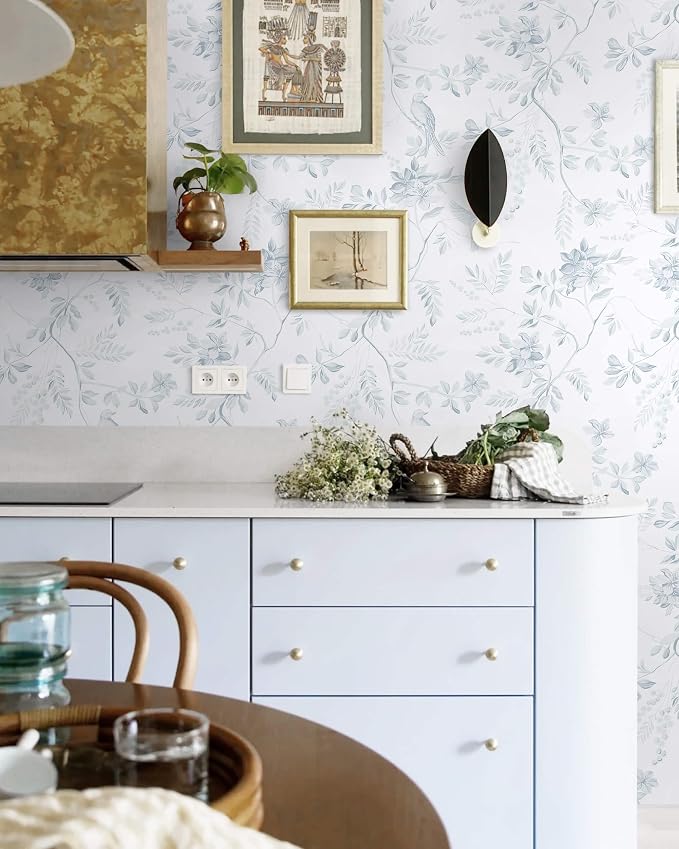 Dimoon 17.3''x78.7'' Boho Peel and Stick Wallpaper Floral Brid Modern Contact Paper Soft Dusty Blue Retro Wallpaper Removable Renter Friendly Waterproof Embossed Kitchen Bedroom Bathroom Decor Vinyl - Image 2