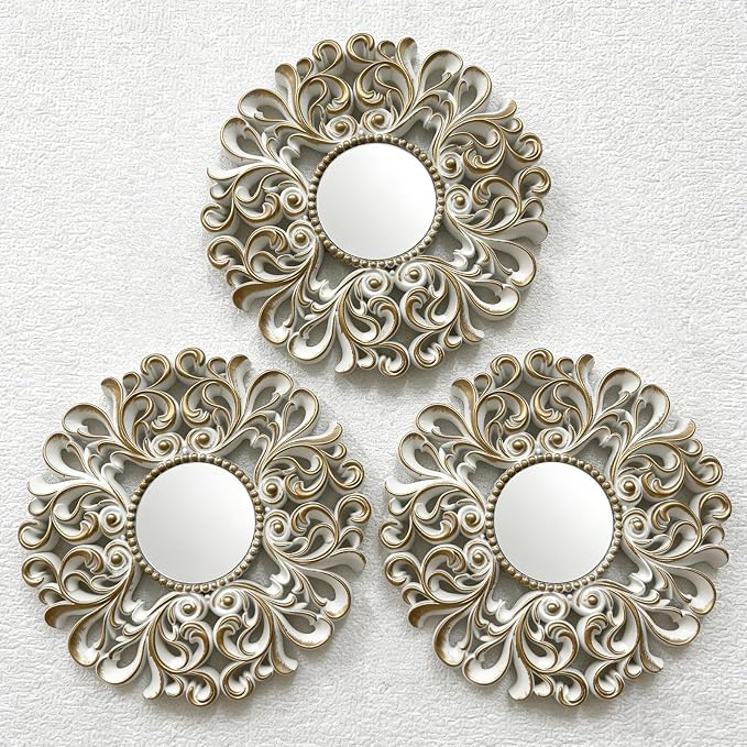 DXYAKY 3 Pack Floral Ornate Decorative Wall Mirror - Elegant White with Gold Accents, 9.8" Plastic Round Mirror Set, Lightweight Wall Art Décor for Bedroom, Bathroom, Living Room & Entryway by DXYAKY