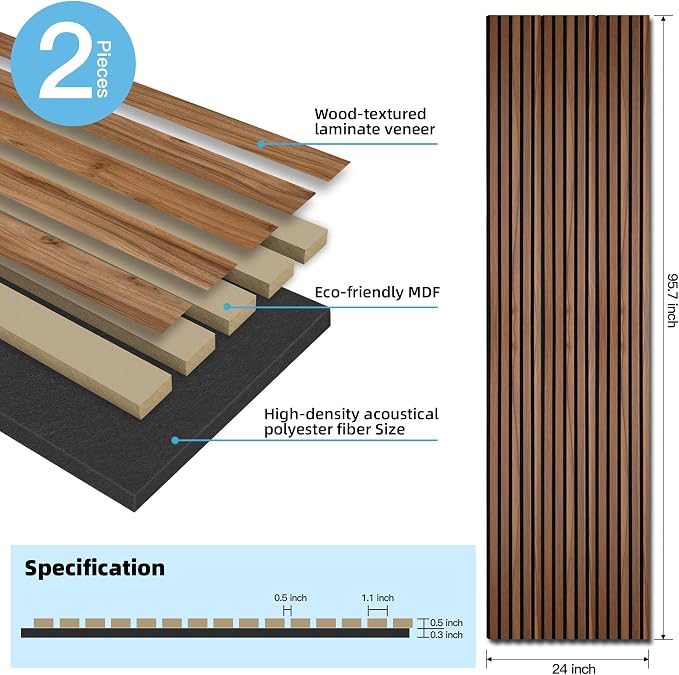 Art3d 2-Pack 94.5" x 24" Wood Slat Acoustic Panels for Wall & Ceiling – 31 sq.ft 3D Fluted Sound Absorbing Panels with Wood Finish, Walnut Brown - Image 2
