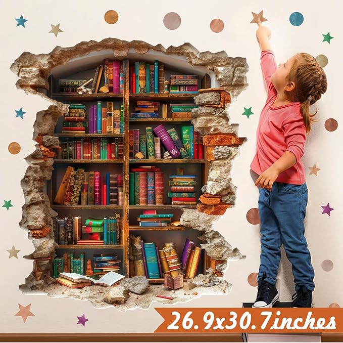 Vintage Read Book Wall Stickers 3D Broken Wall Library Decal Peel and Stick | Reading room art murals, read sign, removable vinyl wallpaper, bookshelf bookcase decoration, for school classroom home decor - Image 5