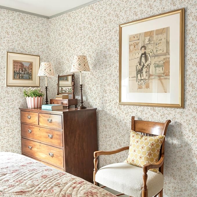 Peel and Stick Wallpaper for Nursery Brown Cherry Blossom Waterproof | 197"×17.3" Latte Brown Floral Vintage Wallpaper Gentle Accent Wall Decor with Grid Lines for Bedroom Vinyl Self-adhesive - Image 8