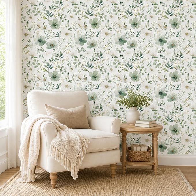 Sage Green Floral Peel and Stick Wallpaper 17.7" x 118" | Thick removable watercolor natural flower design for renters and bedroom accent walls - Image 9