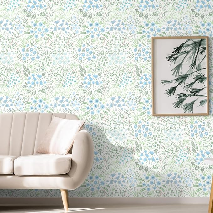 SOON AFTER Blue Boho Neutral Floral Peel and Stick Wallpaper, 17.3" x 118" Removable & Waterproof Vinyl Wallpaper, Flower Self-Adhesive Contact Paper for Nursery Bedroom Cabinets - Image 4
