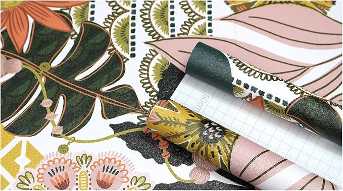 HAOKHOME Peel and Stick Wallpaper Boho Tropical Floral Botanical Colorful | Textured Removable Waterproof Renter Friendly Wall Paper Retro White Pink Green Banana Leaf Bathroom Bedroom 17.3in x 9.8ft - Image 9