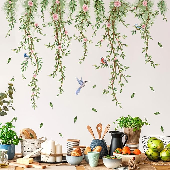 Hanging Vine Wall Decals with Birds Green Leaves Flowers | Removable, Peel and Stick, Forest Wall Art, For Bedroom Living Room Nursery Bathroom Kitchen - Image 6