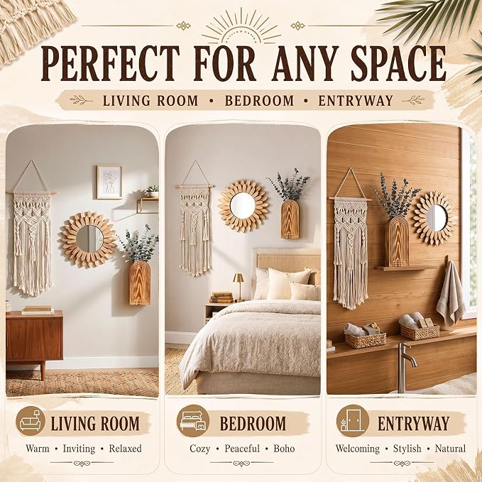 Novabright 9 Pcs Boho Decor Set Rustic Wood Boho Aesthetic Mirror Wooden Wall Vase Macrame Woven Wall Hanging 6 Pcs Eucalyptus Stems for Living Room Bedroom Home Party Wedding Decoration - Image 6