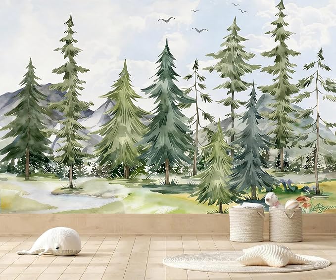 PYFFYP-Watercolor Cartoon Forest Pine Tree Peel and Stick Wallpaper Mural - Image 2