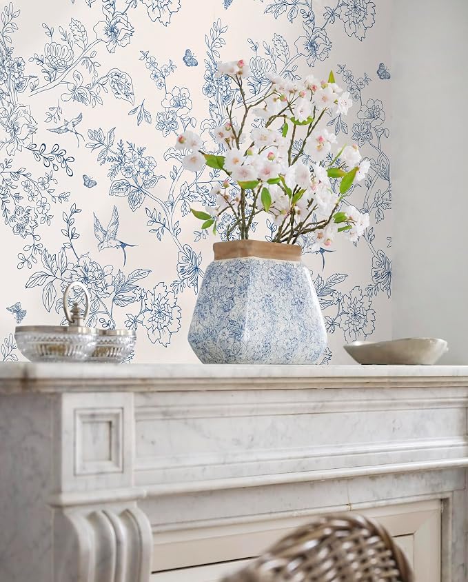 Froluya Cream White and Blue Peel and Stick Wallpaper Floral Contact Paper | 17.7in×118.1in Blue Floral Wallpaper Peel and Stick Vintage Flower Bird Self Adhesive Removable Wall Paper for Bathroom Vinyl - Image 4