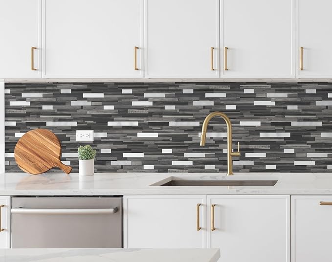 Yipscazo 5 Sheets Peel and Stick Stone Metal Tile Backsplash, Stick on Tiles for Backsplash Kitchen, Bathroom, Laundry Room, Camper, Fireplace (12'' X 12'', Black Wood Grain) - Image 2