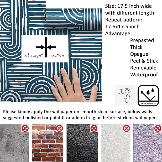 Livelynine 17.5x276 Blue Wallpaper Peel and Stick Navy Mid Century Modern Geometric Wallpaper for Bathroom Bedroom Renter Friendly Bold Dark Blue and White Modern Boho Contact Paper for Walls Easy - Image 6