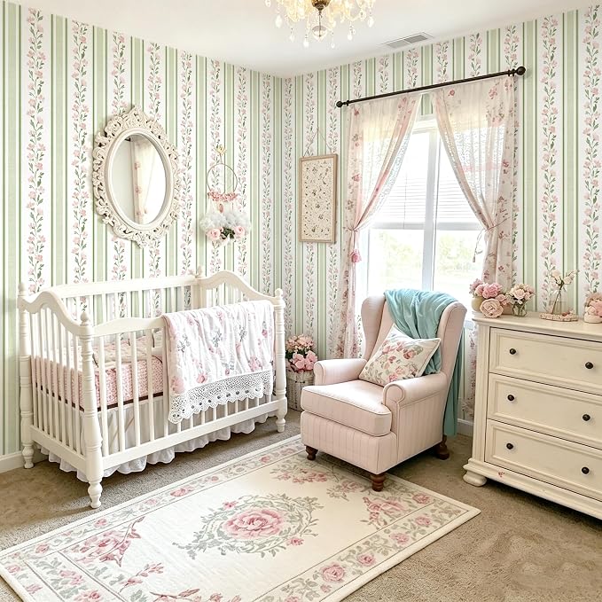 Safiyya Wallpaper Peel and Stick Stripe Floral Wall Paper Removable Green Pink Contact Paper 17.7''x78.7'' Waterproof Self Adhesive Vinyl Boho Wallpaper for Bedroom Living Room Decor - Image 8