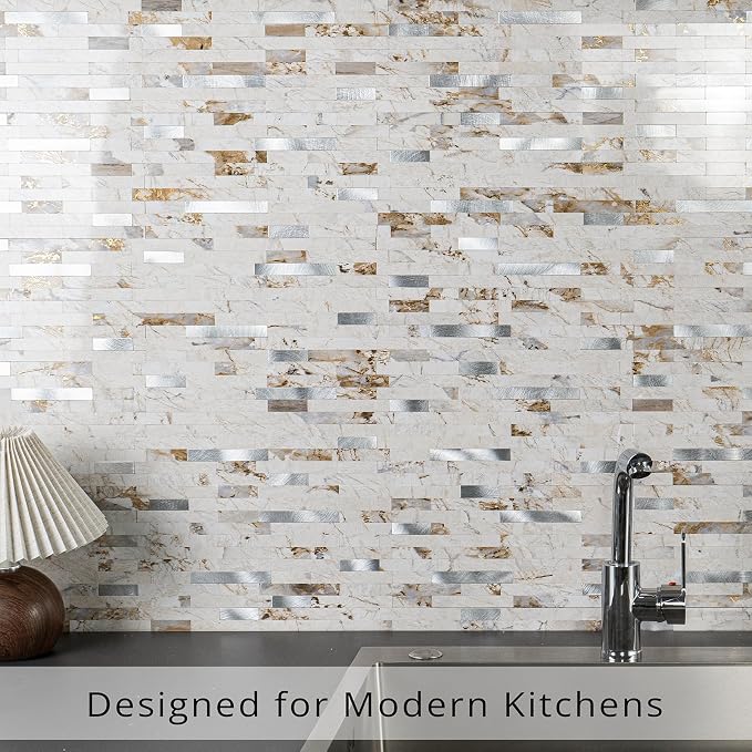 StyloVue 20 Sheets Peel and Stick Backsplash for Kitchen, 2026 Upgraded Ivory Calacatta Marble Look with Silver Metal Accents, Glossy Finish, Stick on Tile for Kitchen Backsplash, RV, Fireplace - Image 7