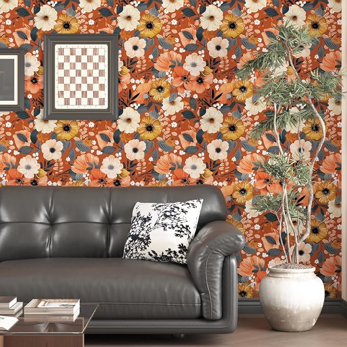 BOKEBEVE Floral Wallpaper Peel and Stick Boho Vintage Orange 17.5 x 118In | Removable Self Adhesive Renter Friendly Vintage Floral Wall Paper for Bedroom Bathroom Cabinet Drawer Feature Accent Wall - Image 4