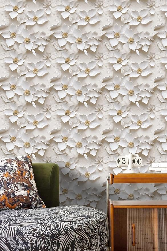 Peel and Stick Wallpaper Cream White Floral Small by WEISENI
