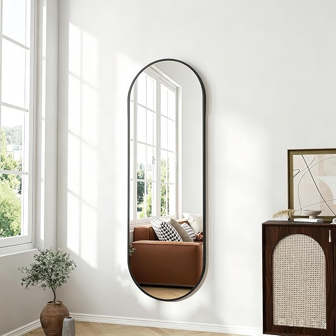 Dewfig 48"x16" Full Length Mirror, Oval Wall Mirror Leather Strap, Black - Image 3