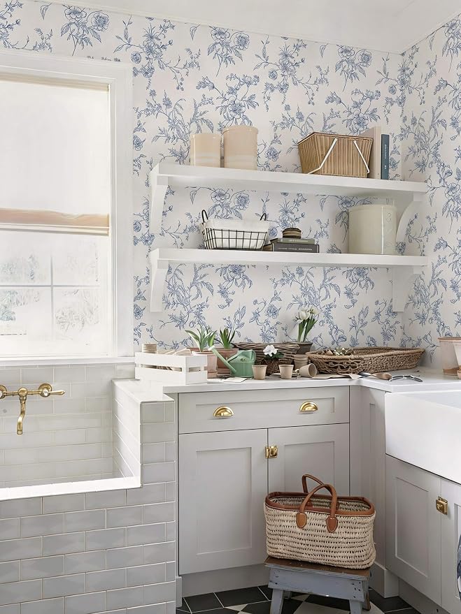 Ismoon Peel and Stick Wallpaper Floral Vintage Stick on Wall Paper Blue and White Contact Paper for Cabinet French Textured Removable Self Adhesive Wallpaper Vinyl for Bedroom Wall Deco 17.3 x 78.7in - Image 7