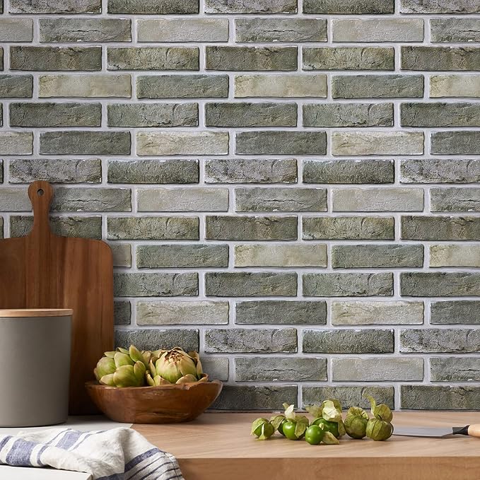 COMSTICKC 3D Faux Brick Wall Panels Peel and Stick Decorative Tiles Sticker | Vintage Green-Gray, 10 Pcs 15.7" x 11.8", Not Real Brick, PVC Fake Brick Tiles for Easy DIY Interior Decor, Cover 12.9 sq ft - Image 7