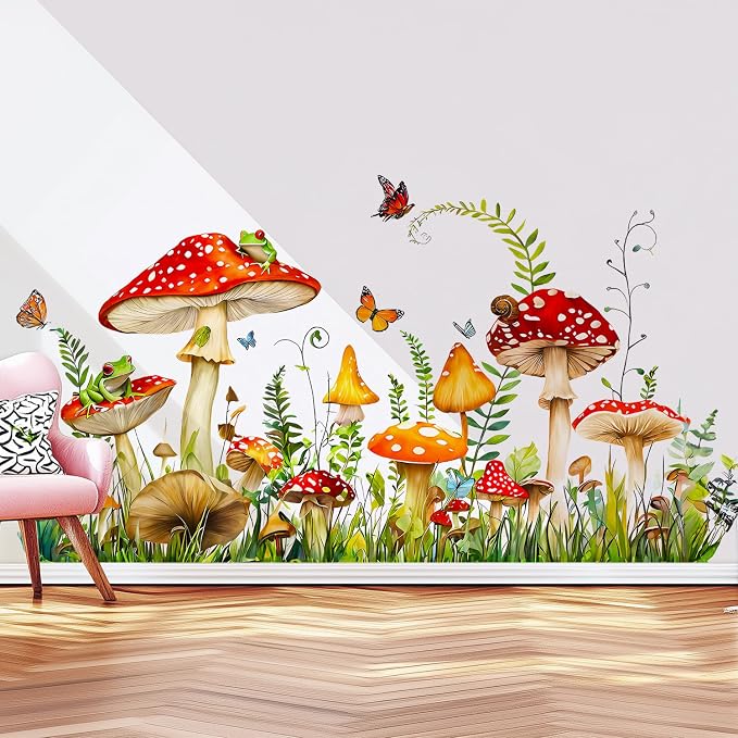 Mushroom Frog Butterflies Grass Woodland Forest Wall Decals Decor Stickers | Red spotted mushrooms fern leaves peel and stick wall stickers mural, removable vinyl wall decoration for living room bedroom by VePret