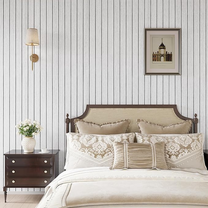 VEELIKE Whitewashed Wood Slat Wall Panels Peel and Stick Wood Wall Panel for Interior Wall Decor TV Background 118''x30'' Wide Foam Slat Vinyl Roll Wooden Contact Paper for Bedroom Living Room Ceiling - Image 3